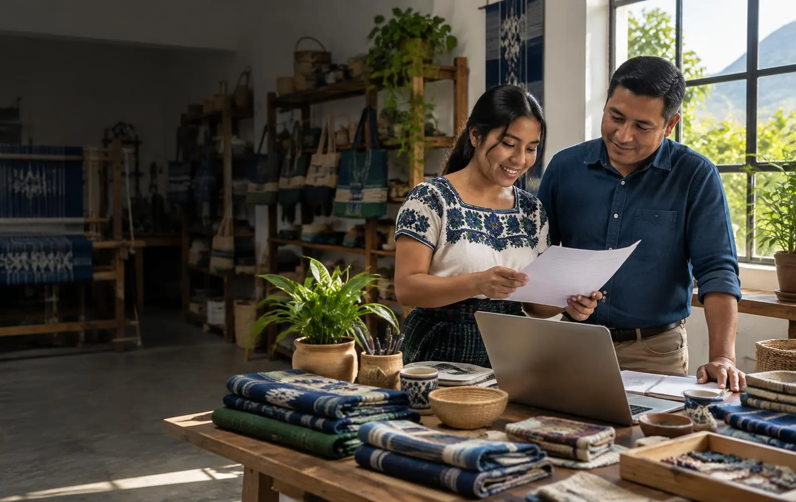 Emprendedora guatemalteca revisando su plan de negocio con un mentor