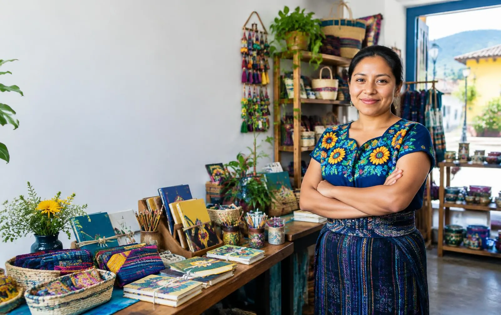 Emprendedora guatemalteca en su tienda de productos artesanales