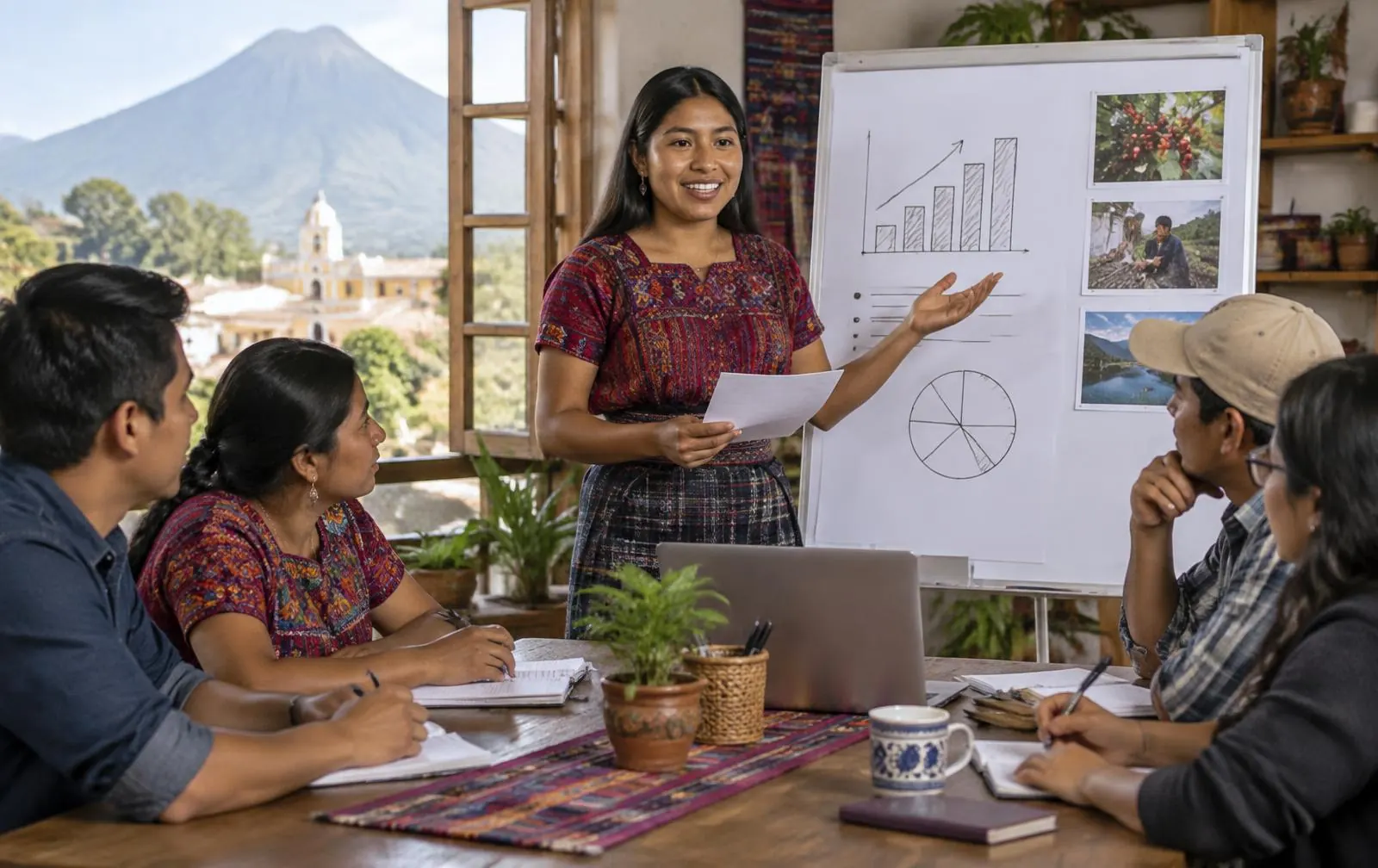 Emprendedora guatemalteca compartiendo su plan con un grupo